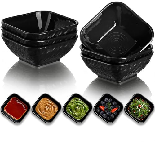 Berglander Dip Bowls Set 6pcs, 180ml Black Plastic Dipping Bowls, Matte Stone Texture Soy Sauce Plates, Mini Appetizer Bowls for Side Dishes, Condiment Server for Tomato Sauce, Ketchup, BBQ, Party