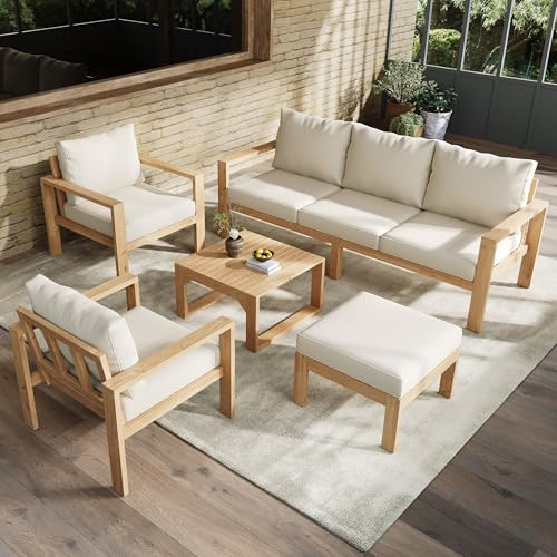 YuQozii Set di mobili da giardino, adatto per 4-6 persone, telaio in acacacia, tavolo a tre posti + due sedie singole + poggiapiedi + tavolino da caffè, adatto per giardino, natura + crema