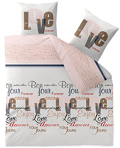 CelinaTex Touchme Biber Bettwäsche 200 x 220 cm 3teilig Baumwolle Bettbezug, Set, Bettgarnitur für Sommer und Winter, ganzjährig, pflegeleicht, Jana Wörter Streifen weiß rosa braun