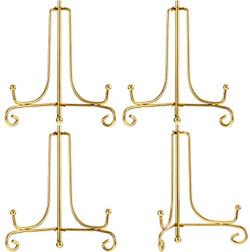 Tatuo 4 Pack Plate Stands for Display 4 Inch Gold Small Iron Display Holder Easel for Plates, Picture, Photo, Decorative Displays Card, Artwork for Home Decor, Wedding Centerpieces, Coffee Shop Menu