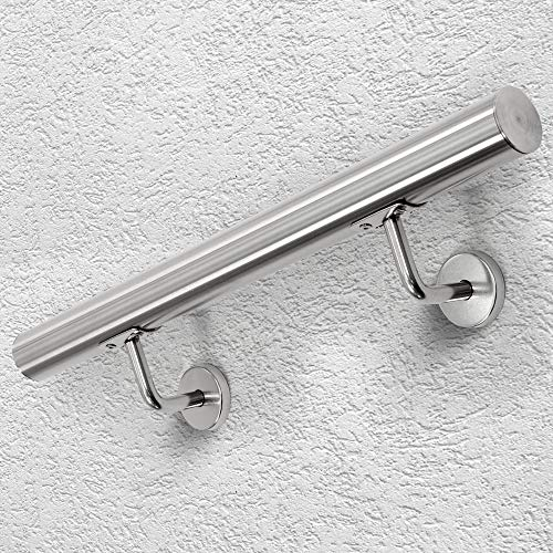 ECD Germany Main Courante pour Escalier 60 cm 42 mm - Argent - en Acier Inoxydable Brossé (V2A) - Ronde - Montage Horizontal et Incliné - Support Mural et Matériel Montage Inclus - Rampe Barre Appui