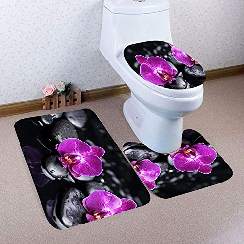 XKLHXFY Badezimmer Teppich Set,Badezimmerteppich 3-teiliges Orchidee WC Garnitur, rutschfest & Waschbar, rutschfeste Mikrofaser 80 x 50cm Badeteppich + WC Vorleger