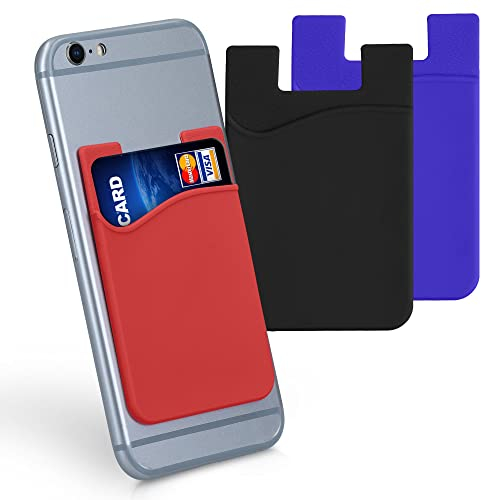 kwmobile 3X Tarjetero para móvil - Funda para Tarjetas de Silicona - Tarjetero para Pegar en la Parte Trasera - Negro/Azul/Rojo