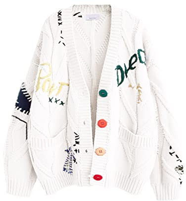 Cárdigan de punto trenzado para mujer, manga larga, frente abierto, oveja, cuello de pico, botones, bordado, mezcla de lana, abrigo para exteriores