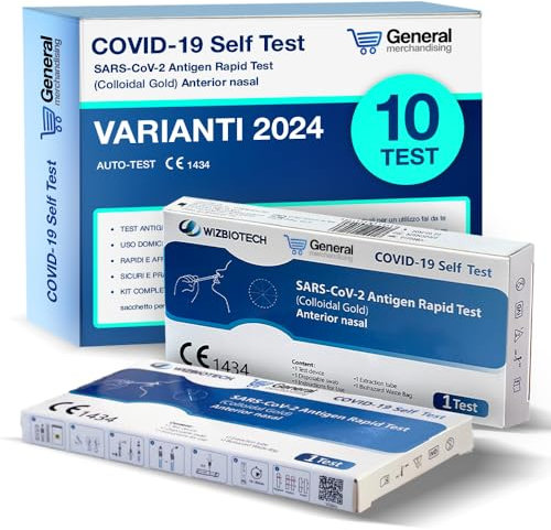 Test Rapido COVID-19 Auto-Test Nasale – 10 Test Antigenici SARS-CoV-2 – CE 1434 – Rilevamento Varianti 2024/25 – Uso Domiciliare – Risultato in 15 Min – Gold Colloidale – General Merchandising