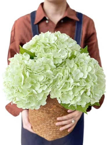 JINWOE Künstliche Hortensien, hellgrün, 53,3 cm, Latex, fühlen Sich echt an, große Hortensien aus Seide, Kunstblumen, Frühlingsstrauß für Tafelaufsätze, Tisch, Hochzeit, Küche, Zuhause, 3 Stück