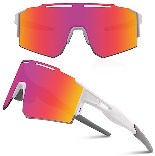 DUDUKING Sonnenbrille Fahrradbrille Herren Damen,Wassertransferdruck Sportbrillen Radsport Brillen für Outdoorsport Radfahren Laufen Golf UV 400 Schutz Baseball Brille (Weiß Rot)