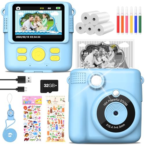 MILFECH Appareil photo pour enfants, appareil photo numérique instantané 1080P avec écran de 2,4 pouces, appareil photo numérique avec 5 rouleaux de papier d'impression, carte de 32 Go, 6 stylos de c