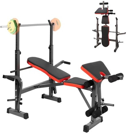 ALLINLIFE Banco Musculación,Banco de Pesas con Altura Ajustable,Banco Abdominales Plegable,Banco de Entrenamiento con Respaldo Ajustable Soporte para Barra y Curl de Brazos y Piernas,Gimnasio en Casa