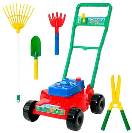 U.saf Toy Garden Mower Set: Kids Pretend Play Lawn Mower with Realistic Movements including fork, rake, shears & trowel - Outdoor Role-Playing Toy for Children, Toddlers, Boys, and Girls