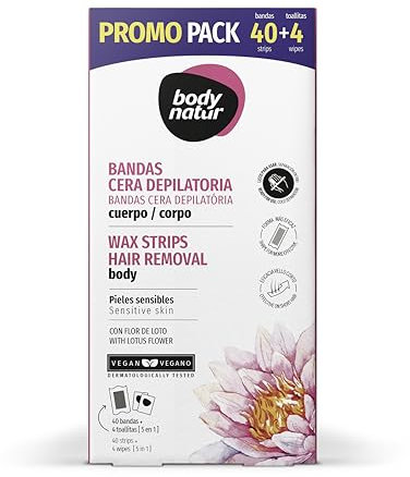 BODY NATUR - Pack Bandas de Cera Depilatoria 40 + 4 | para Cuerpo | para Pieles Sensibles | hasta 4 semanas Sin Vello | con Toallitas Post-Depilatorias