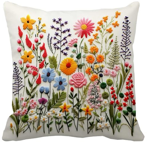 Decorbox Wildflower Faux Embroidery Print 18x18 Inch Throw Pillow Cover, Boho Embroidered Floral Decorative Cushion Case, Spring Summer Home Room Couch Decor Mom Wife Sister Her Flower Soft Pillowcase