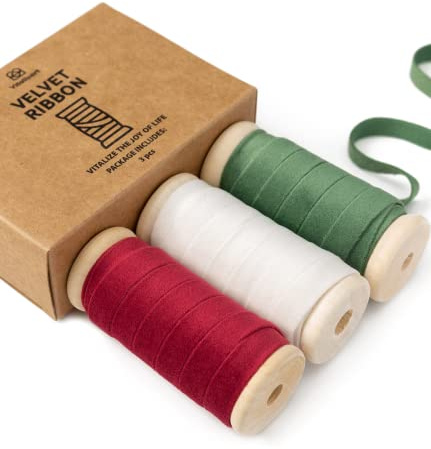 Vitalizart Nastro di Velluto Rosso & Verde & Bianco 0,95 cm x 4,57 m x 3 Rotoli, Rocchetto di Legno, Rifiniture in Tessuto per Decorazioni di Ghirlande Natalizie, Artigianato, Regali Avvolgimento
