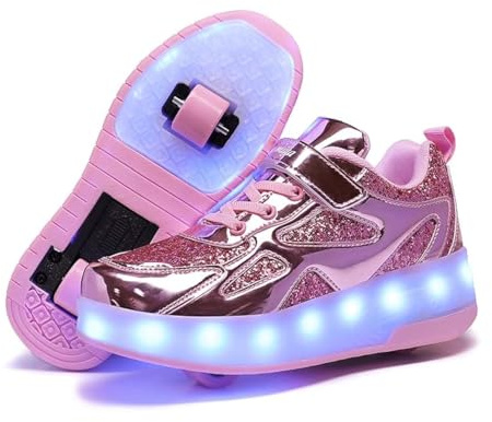 Rullskor för flickor och barn lätta sneakers rullskridskor med USB automatisk skateboardåkning sneakers skridskor kreativa semestergåvor för barn, Rosa, 35 EU