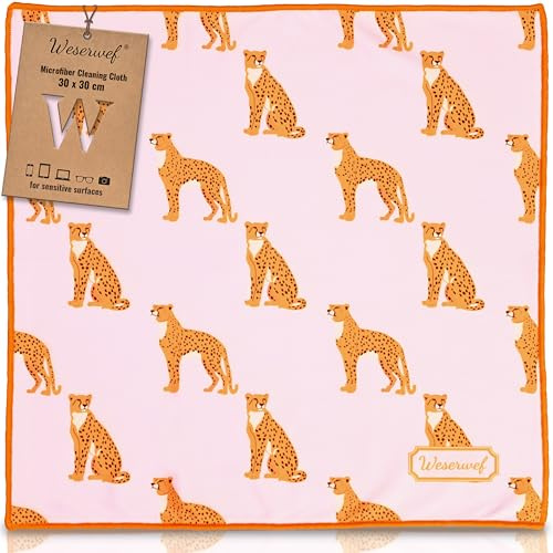 WESERWEF Design Microfiber Glasses Cleaning Cloth, Premium Cleaning Cloths for Lens, Screens, Tablets, Spectacles, 12 x 12, Ultra-Soft & Scratch-Free (Leo in Pink)