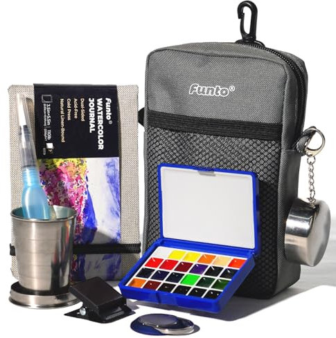 Funto Mini Watercolor Paint Set, Kit de peinture acrylique tout-en-un de voyage premium avec 24 couleurs, avec ssac à bandoulière, carnet de croquis à l'aquarelle, pinceau à eau