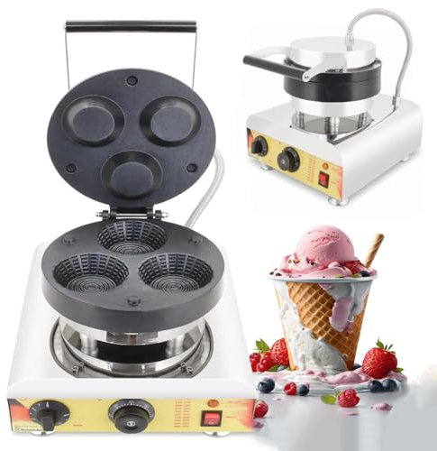 Macchina per fare cialde per gelato, 1600 W 3 piastre Macchina per fare cialde con temperatura regolabile da 0 a 300° e riscaldamento uniforme su entrambi i lati a 360°, Pressa torta commerciale