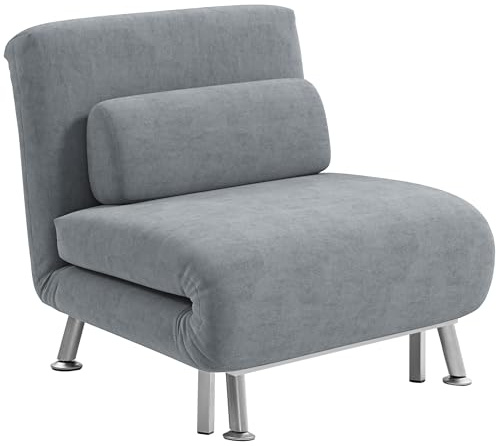 HOMCOM Single Sofa Chair Bed, Velvet-Feel Fabric 3-in-1 Convertible Sleeper Chair with 5-Position Adjustable Backrest, 75cm Wide Seat, Pillow for Living Room, Bedroom, Grey