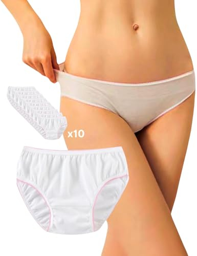 goMinisan Braguitas para mujer, 10 unidades, confeccionadas individualmente, 100% algodón, desechables, para hospital, maternidad, postparto, braguitas gestantes, Color blanco., L