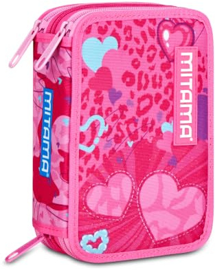 MITAMA Pennfodral för skola 3 fack, TRIPLO FURRYPINK, Innehåll 47 st, komplett med blyertspennor, markörer, pennhållare för flickor grundskola, Fuchsia, Modern