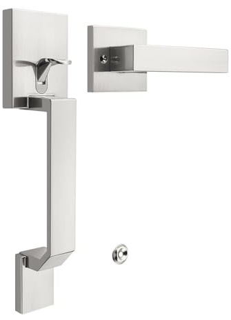 Tinewa Square Brushed Nickel Front Door Handle with Classic Door Lever, Upgrated Exterior Door Entry Handle No Lock, Reversible for Left & Right Handed