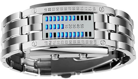 Haofy Mens Binary Watch Premium Quartz Movement Blue Backlight LED Digital Armbandsur för Utomhusfester, Snygg Design (Silver liten storlek)