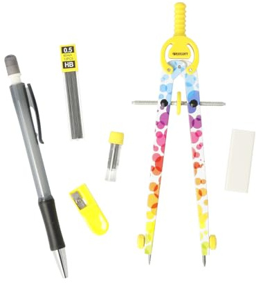 Westcott Zirkel Set Colour Bubbles | 6-teilig mit Schnellverstellzirkel, Nachfüllminen, Anspitzer, HB Druckbleistift inkl. 12 Minen, Radierer | Zirkel mit Feststellrad | E-711420 00