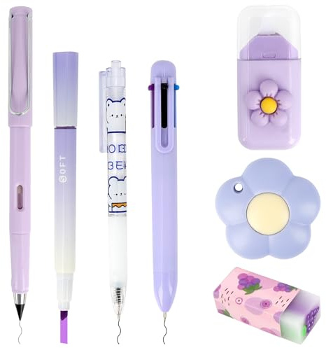 MOTIBACK Set di 7 penne a sfera con penna a sfera, pennarello gel, evidenziatore universale, nastro di correzione per l'inizio della scuola, regalo lilla