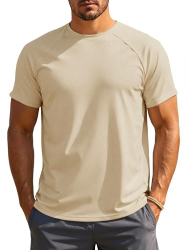 Runcati Camicia funzionale da uomo a maniche corte girocollo da uomo estiva ad asciugatura rapida camicia sportiva slim fit casual top tinta unita camicie di base, Albicocca, L