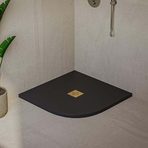 Plato de ducha Semicircular SOULHOME Resina y Carga Mineral Antideslizante 90x90 cm Negro - Rejilla Oro