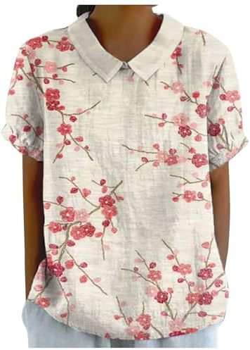 Generisch Blusa de verano para mujer, blusa de lino, túnica, cuello en V, manga 3/4, tira de botones, corte holgado, transpirable, ligera, informal, moda de playa A49