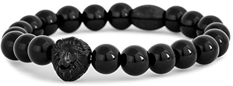 Akitsune Regis pärlarmband – armsmycken kvinnor män onyx lejon – mattsvart – 18 cm, 18 centimeters, Sten