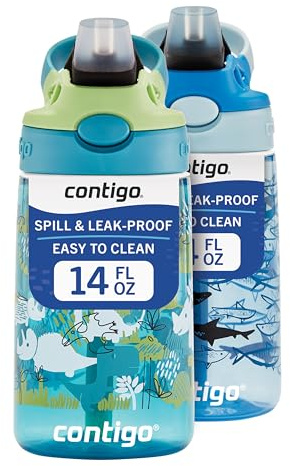 Contigo Aubrey Kids Water Bottle, 2-Pack, 14oz, Dinos & Sharks, Spill-Proof Lid, Dishwasher Safe, Blue & Green