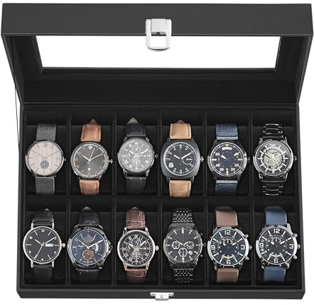 SONGMICS Watch Box, 12-Slot Watch Case Organizer with Large Glass Lid, Removable Pillows, Gift for Loved Ones, Black Synthetic Leather, Black Lining UJWB012B01