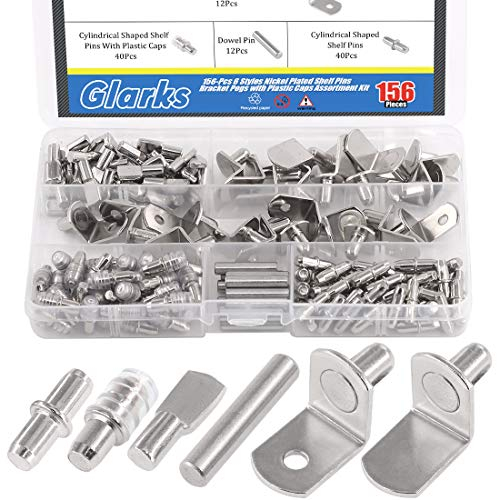 Glarks 156Pcs 6 Styles Shelf Support Kit - Nickel Pegs, PVC Pins, Flat Spoon, Cylindrical Holder, L-Shaped Bracket and Dowel for Cabinets