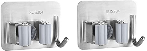 SyiXute 2 Pack Broom Mop Holder,Stainless Steel Wall Mounted Self Adhesive Brush Handle Holders,Broom Organizer Wall Mount with Hook for Bathroom,Kitchen,Office,Closet,Garden Garage (Grey)