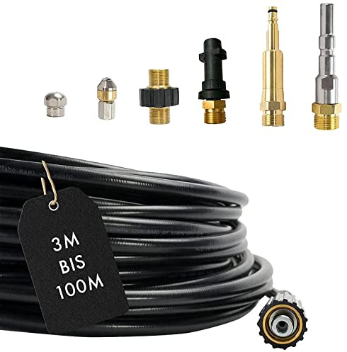 M&M Smartek – 7-teiliger Rohrreinigungsschlauch (3 – 100m) für Kärcher, Nilfisk Hochdruckreiniger AG M22 x 1,5 IG & Bajonett & KEW Adapter & 2x rotierende Düsen & Quick Connect