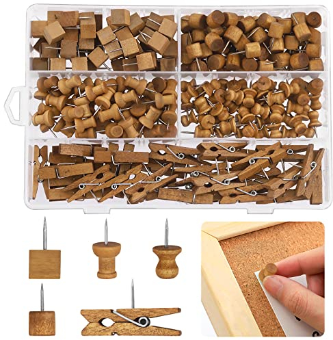 Mardatt 250 Stück Push Pins Set - 5 Arten Holz Stahl Spitze Reißzwecken für Kork-Pinnwand, Fotos, Dokumente - Dekorative Reißnägel mit Box (Braun)