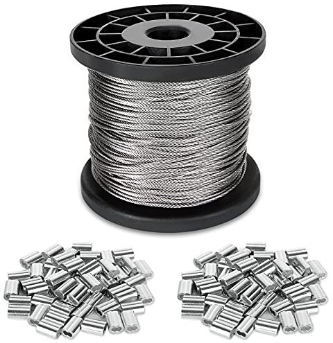 ShanQian 1/16 Wire Rope, 1.5mm Stainless Steel Cable, 100m/328Ft Metal Spool With 100PCS Aluminum Crimping Sleeves - Heavy Duty Picture Frame Hanging - 7x7 Strand Core