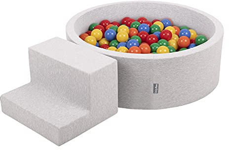 KiddyMoon Skumlekplats för barn med runt bollhav (100 bollar). Hinderbana, ljusgrå: gul/grön/blå/röd/orange