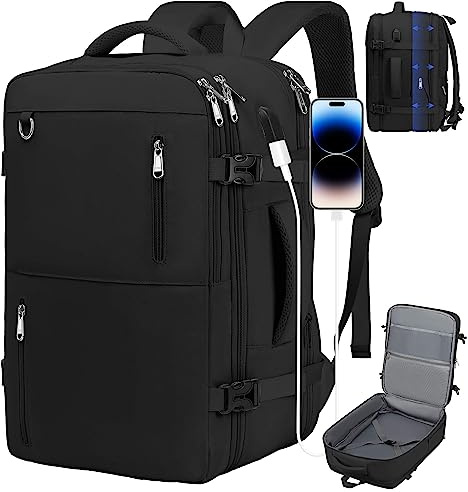 HDeye Reiserucksack für Damen und Herren, Großer Handgepäck-Rucksack, Erweiterbare Handgepäcktasche, 17-Zoll-Laptop-Rucksack für Reisen, Wandern im Freien, Schwarz