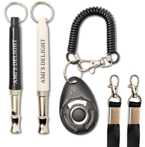 Ami's Delight Dog Whistle Set of 5 | 2PCS Premium Quality Adjustable Dog Whistles with 2 Black Lanyards and a Dog Clicker | Ultrasonic Dog Whistle to Stop Barking Neighbors Dog