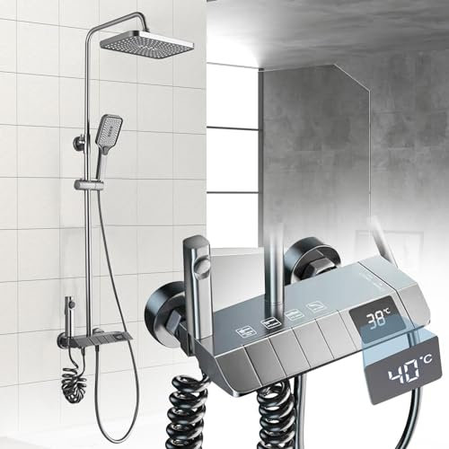 Colonne de Douche Thermostatique avec Affichage Numérique de Température Ensemble de Douche Hauteur Réglable avec Douchette Pommeau de Douche Systeme de Douche Pluie pour Salle de Bain