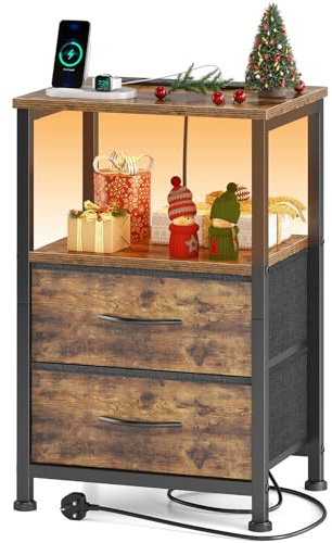 Yornoli Bedside Table with Charging Station 40cm Wide Bed Side Table for Bedroom with 2 Fabric Drawers Small End Tables with Led Lights for Living Room Small Spaces Rustic Brown, ET08-RBA
