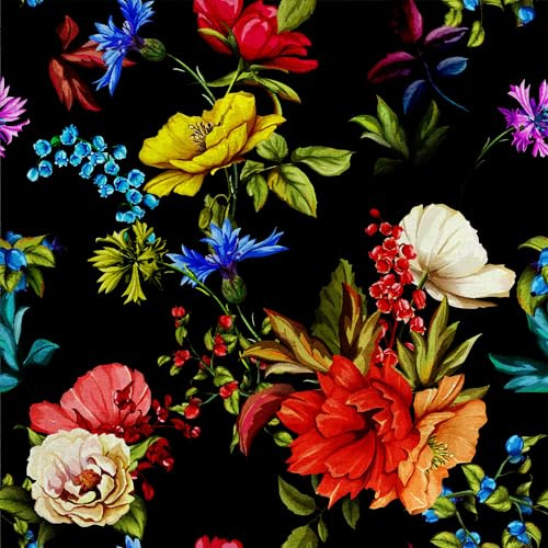 HEKO PANELS RDX171 Tissu en velours au mètre décoratif imprimé d'ameublement en velours polyester à coudre Fleurs royales Noir Multicolore 140 x 100 cm vendu au Mètre – 1 Pièce = 1 m x 1,40 m