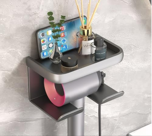 QXGSUNN Fönhalter Ohne Bohren, Haartrocknerhalter mit Steckerhalter HalterAblage Stauraum Passen die Meisten(Schwarz)