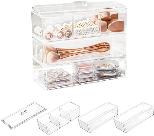 RETON Dispenser quadrato Qtip, 3 scomparti porta palline di cotone con coperchio, organizer impilabile per cassetti in acrilico trasparente con 3 cassetti, supporto impermeabile per batuffoli di