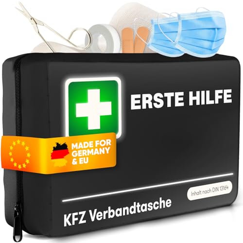 PURAHELP® Erste-Hilfe Set Auto Schwarz [DIN 13164] - KFZ Verbandstasche StVO Konform für 2025 - Auto Verbandskasten & Sanikasten - Kompaktes Notfallset für Unterwegs - Verbandsset nach aktueller Norm
