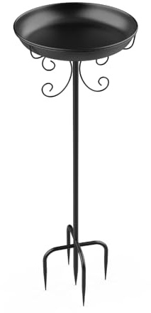 EFUTURETIME Abbeveratoio Grande in Metallo per Uccelli Con Supporto φ 30 × 90 cm Vaschetta per Uccelli Vassoio Regolabile in Altezza per Giardino Esterno Balcone, Nero