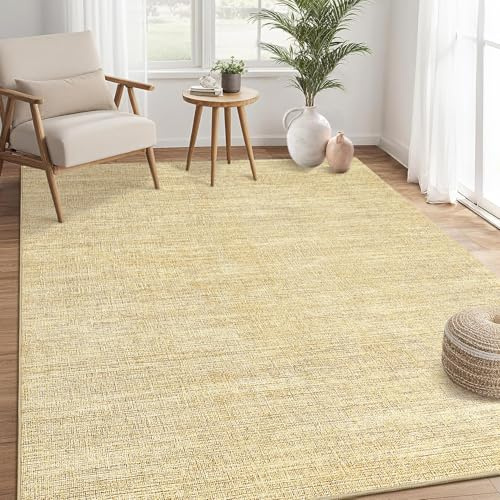 5x7 Washable Rugs Non Slip Minimalist Area Rug for Bedroom Soft Low Pile Solid Color Large Bedroom Throw Carpet Stain Resistant Classic Neutral Area Rug Plain Boho Rugs for Kitchen Nursery, Tan 5'x7'